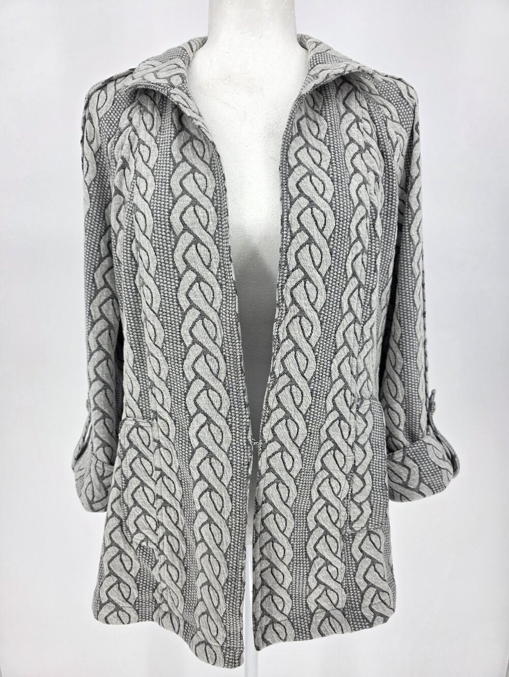 Luii Gray Ivory Cable Knit Print Open Front Jacket Blazer Small